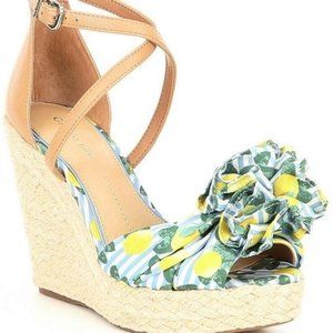 Gianni Bini Cream and Blue Floral Wedges